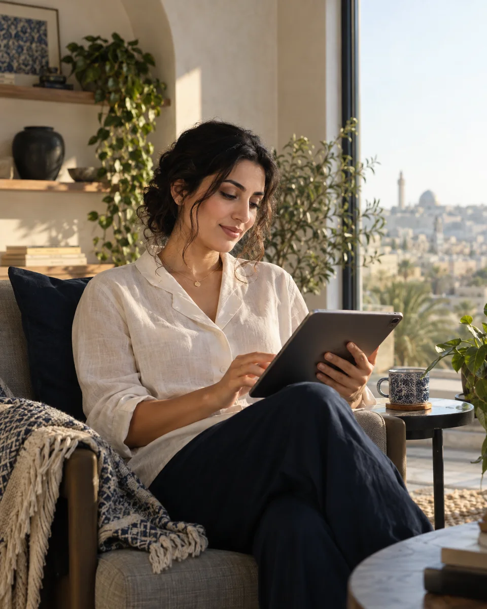 Illustrative scene of an adult reading on a tablet beside a sunlit window