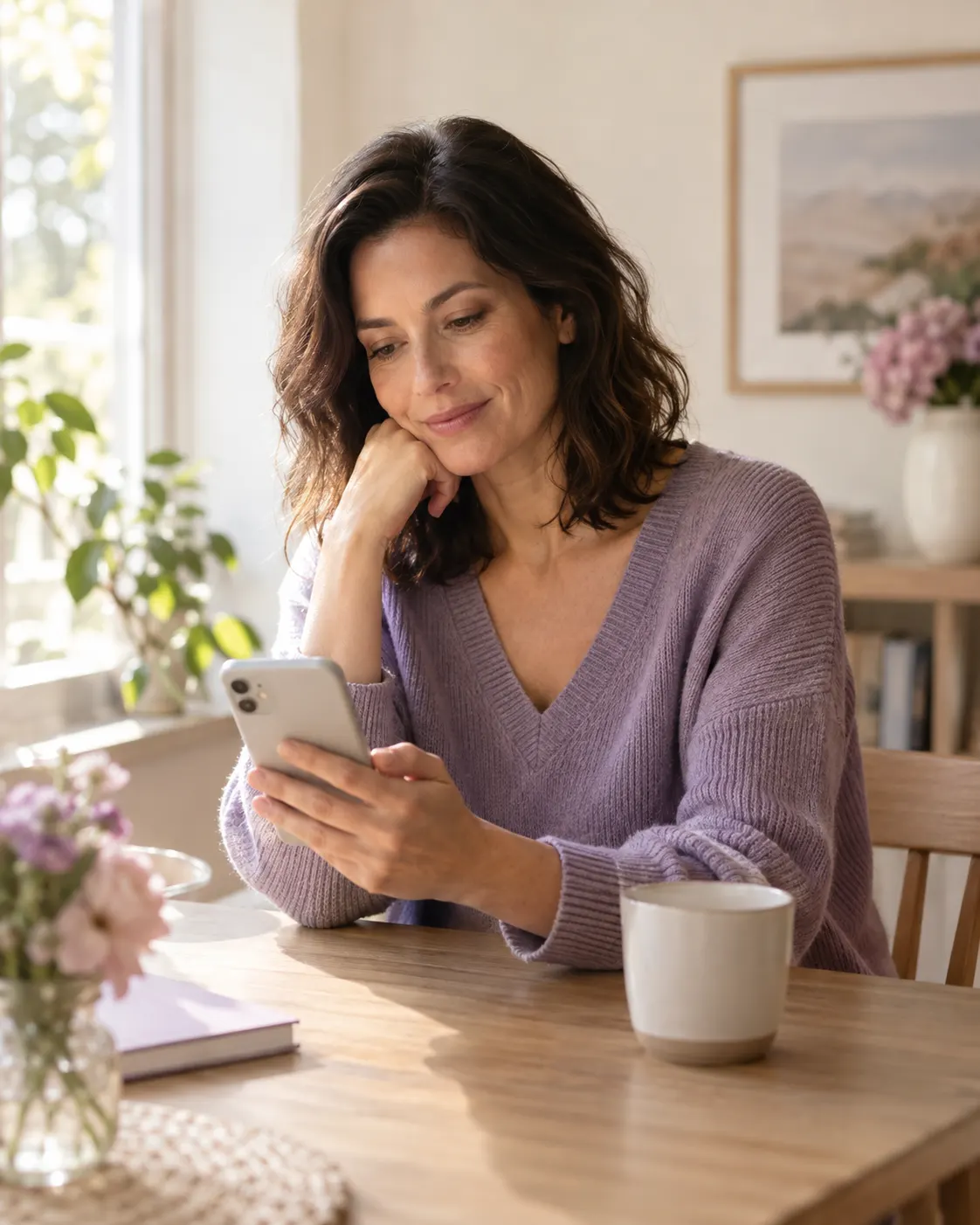 A woman reading information on her phone at home.